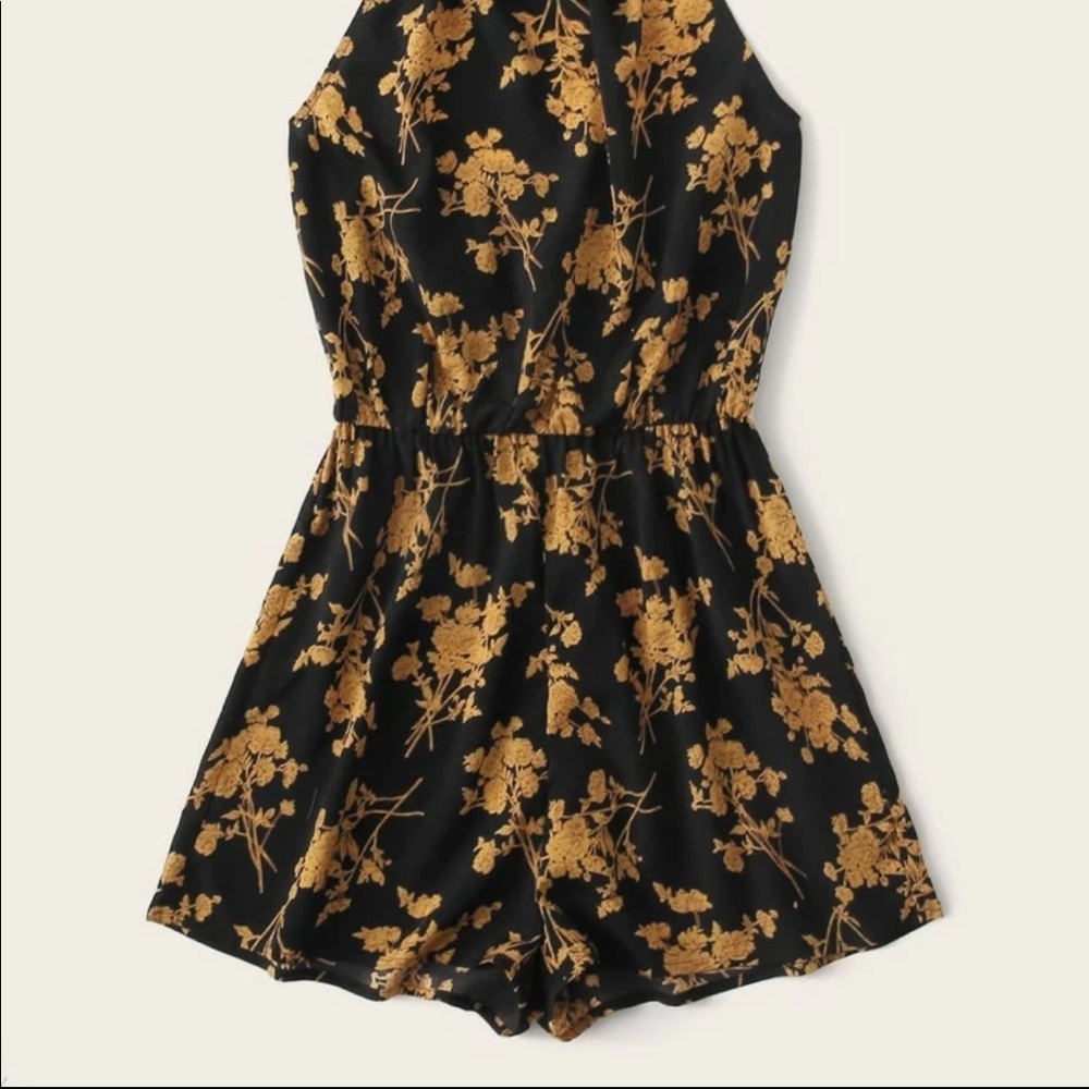 NWT SHEIN: XS Black & Gold Floral Tie Up Romper - Picture 6 of 11